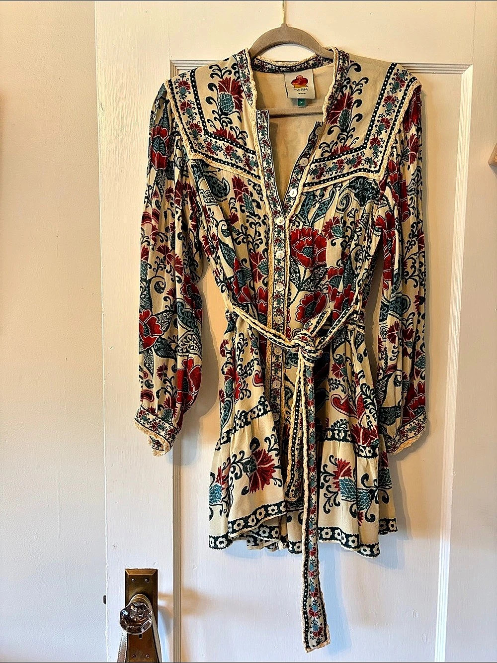 Farm Rio Floral Print Tie-Waist Tunic in Cream & Red